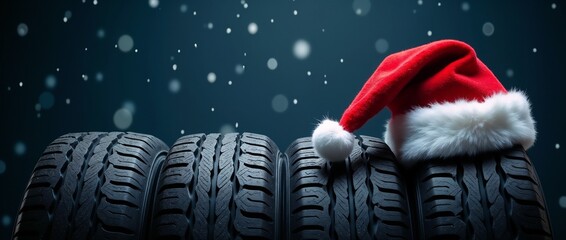 Four black tires lined up with a bright red Santa Claus hat, set against a snowy background creating a festive and wintery automotive theme.

