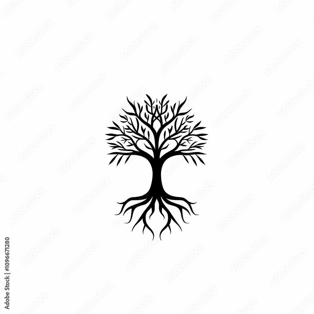 Poster black vector logo of a tree with roots, in a simple minimalistic style, on a white background with n