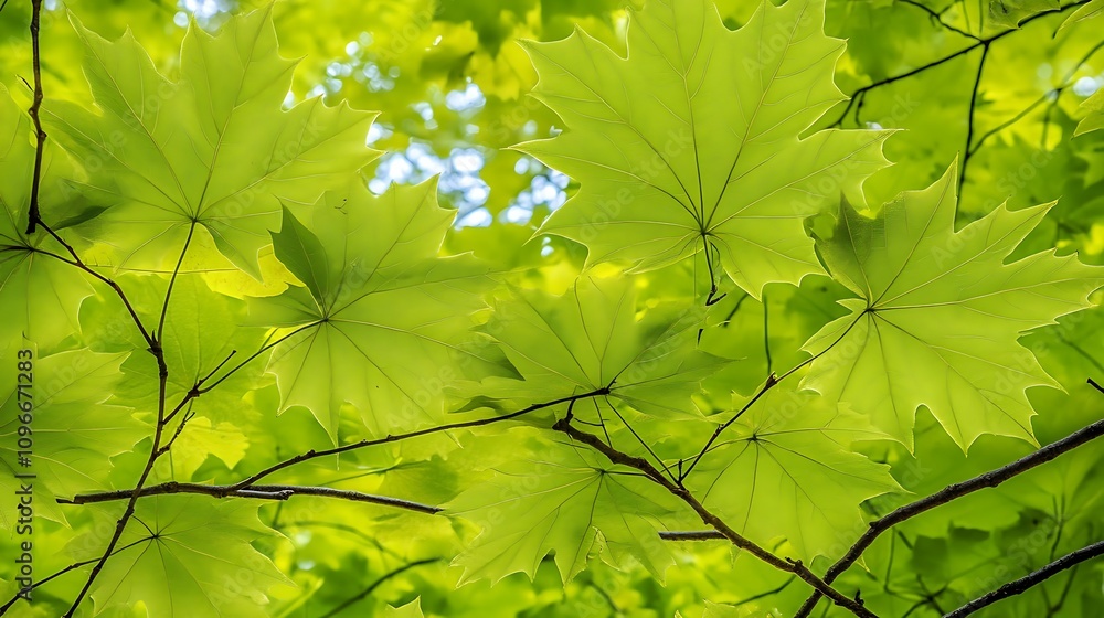 Poster a vibrant view of a green tree canopy from below, with rays of sunlight filtering through the leaves