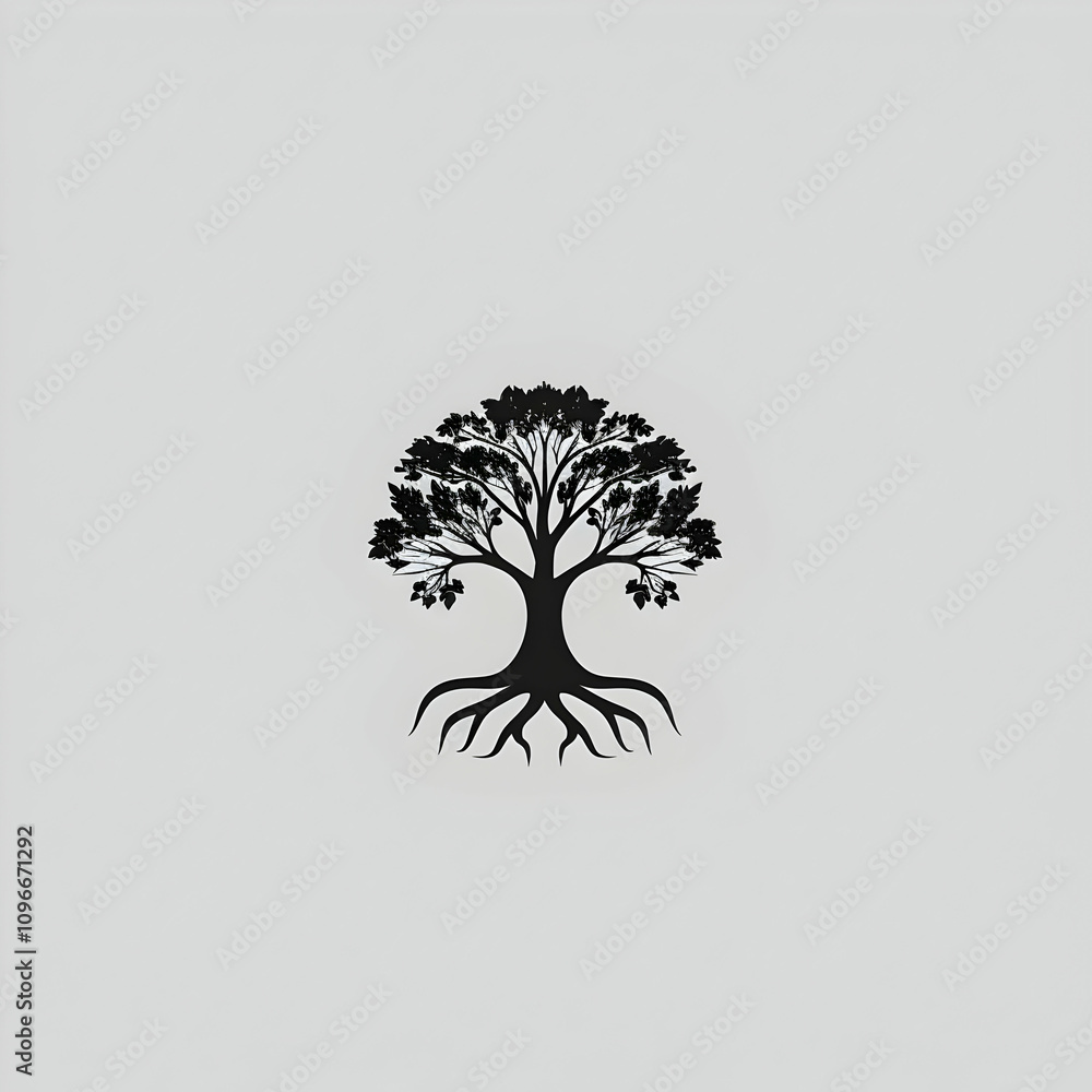 Poster black vector logo of a tree with roots, in a simple minimalistic style, on a white background with n