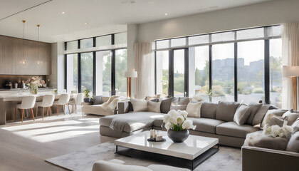 Fototapeta premium A contemporary living room with a spacious, open large window