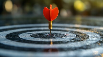 A dart hitting the bullseye of a dartboard representing the precision focus and strategic planning required to achieve business goals and milestones