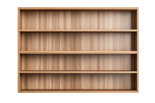 Minimalist wooden bookshelf with four wide shelves and natural wood grain texture