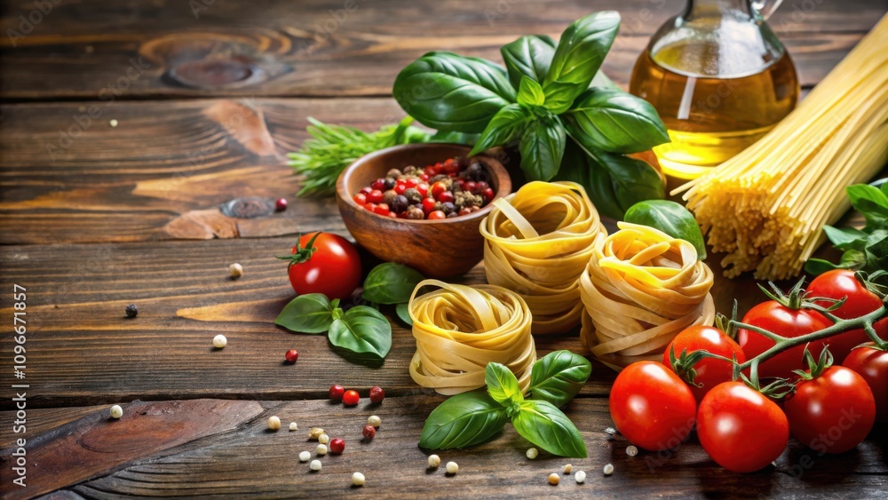 Aufkleber a rustic table setting with fresh basil, cherry tomatoes, spices, and various types of pasta