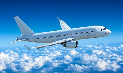 Obraz premium A commercial airplane flying above the clouds in a clear blue sky.