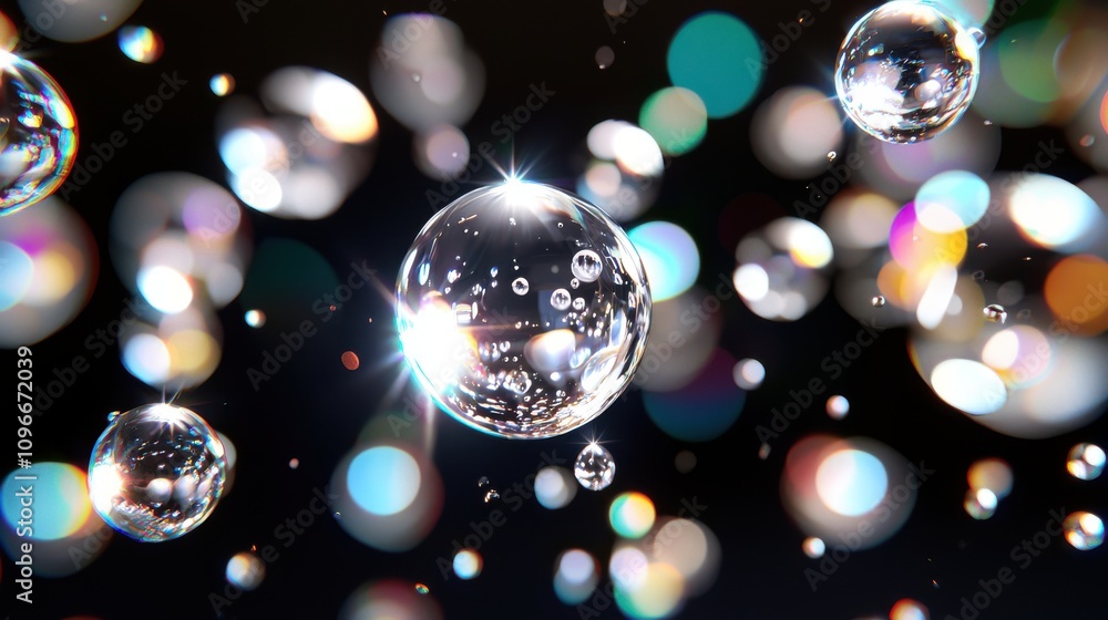 Poster bubbles floating in air with colorful background and sparkling highlights