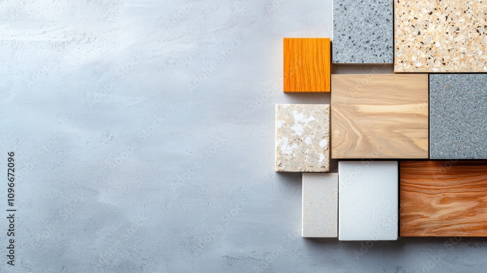 Aufkleber varied textures and patterns of modern building materials on gray background