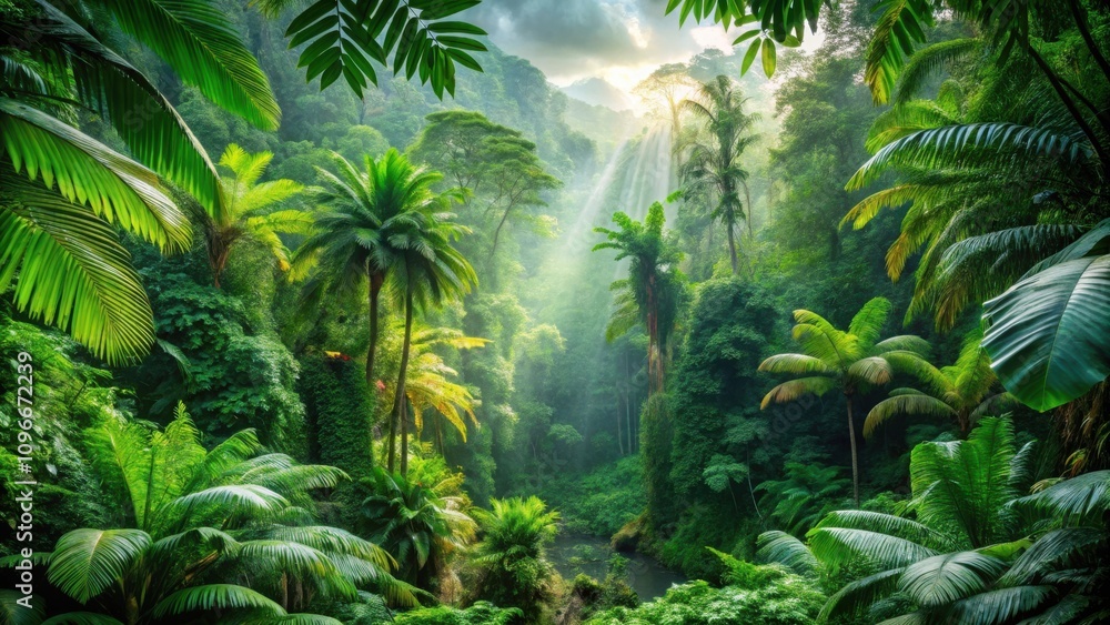Aufkleber sunlight filtering through lush jungle canopy, illuminating a serene river flowing through a dense t