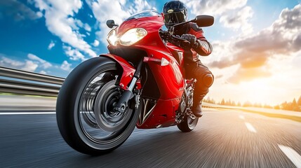 Naklejka premium Balanced and Controlled Motorbike Riding with Helmet at Sunset Scenery Showcasing Safe Riding Techniques and Equipment for an Adventurous and Thrilling Journey