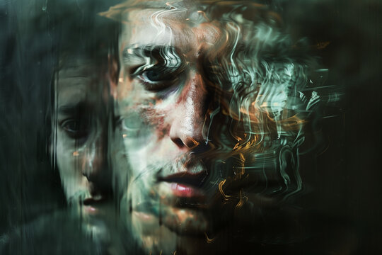 Young man with mental health disorders. schizophrenia, bipolar disorder, split personality, mood disorder, dual personality, depression, anxiety, and psychology concept.