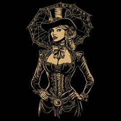 A detailed steampunk-inspired illustration of a woman in ornate vintage attire, featuring a corset, top hat, and lace parasol, on a black background.
