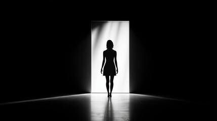 Obraz premium A powerful silhouette of a woman is presented standing in a doorway, accentuated by contrasting light and shadow that create an evocative and mysterious scene.