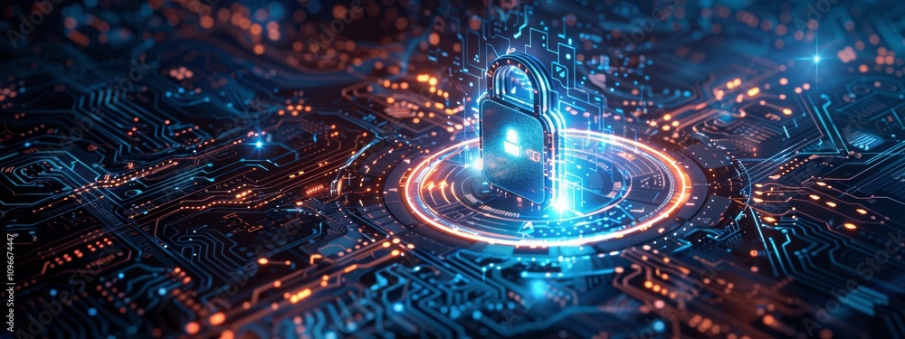 Poster advanced security technology with digital lock and holographic vectors for modern data protection in