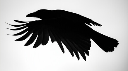 The silhouette of a crow is seen soaring against a monochrome background, embodying freedom and mystery in this simple, yet evocative image of nature.