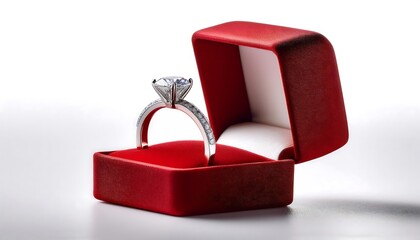 Close-up diamond engagement ring in red box isolated on white