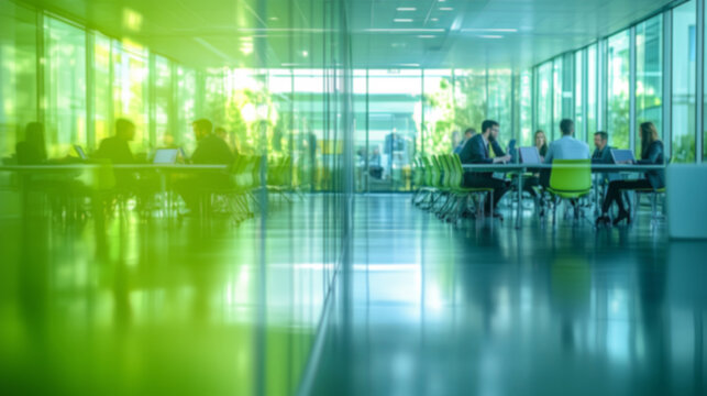 Blurred background of a group of people are sitting in a conference room. The room is filled with green and white colors