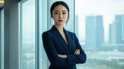 Fototapeta premium A confident Asian businesswoman stands arms crossed in a modern office environment, exuding professionalism and determination amidst high-rise cityscape backdrop.