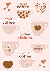 Coffee stickers, cute lovely vector illustrations for coffee lover, cafe, cafeteria, restaurant, kitchen, menu, barista. Decorative element, emblem, symbol, sign, badge, set, pack.