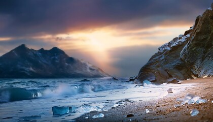 Obraz premium Diamond Beach with stunning ocean views, majestic mountains, and a dramatic, colorful sky.