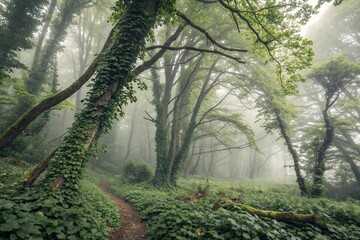 A soft focus dreamlike scene of a mystical forest with an abundance of overgrown foliage and misty surroundings, forest, dreamlike