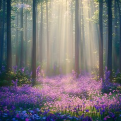 Obraz premium Silent Forest in spring with beautiful bright sun rays