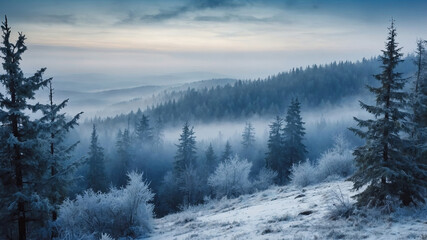 Breathtaking view of snow-covered forested hills at dawn with mist rolling through the trees under a soft winter sky