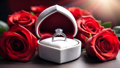 Diamond ring in a heart-shaped box with red roses, symbolizing love and commitment.