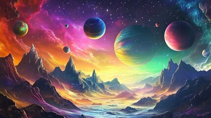 Vibrant cosmic landscapes featuring planets and colorful nebulae. Space Background for Wallpaper. AI generated image