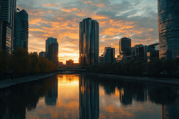Fototapeta premium A stunning sunset over a city skyline reflected in a calm river.