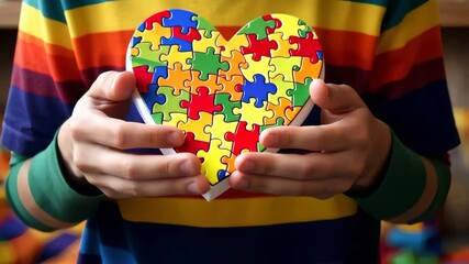 Child holding colorful heart-shaped puzzle, representing autism awareness - Powered by Adobe
