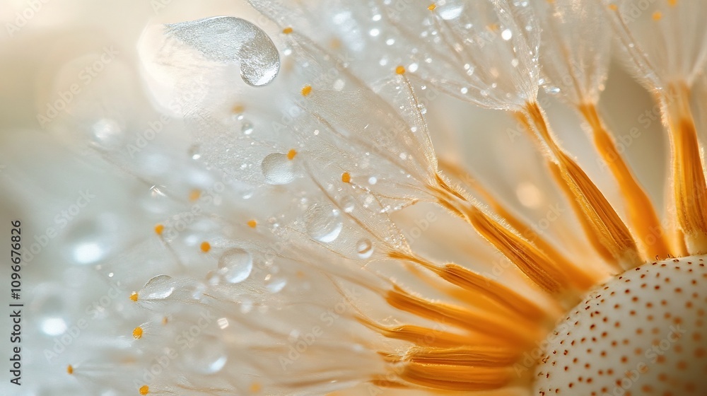 Poster enchanting close up macro shot of a delicate dandelion seed head backlit against a soft organic natu