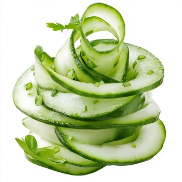 Macro Shot of a Rolled up Cucumber Curl or Slice on White Background