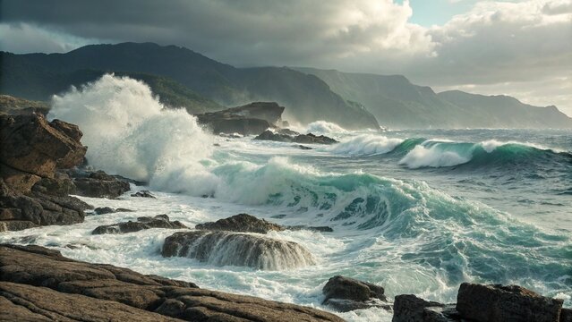 Powerful ocean waves crashing against a rocky shoreline in Taiwan, blue waters, Taiwan, ocean waves, turquoise sea, northeast coast