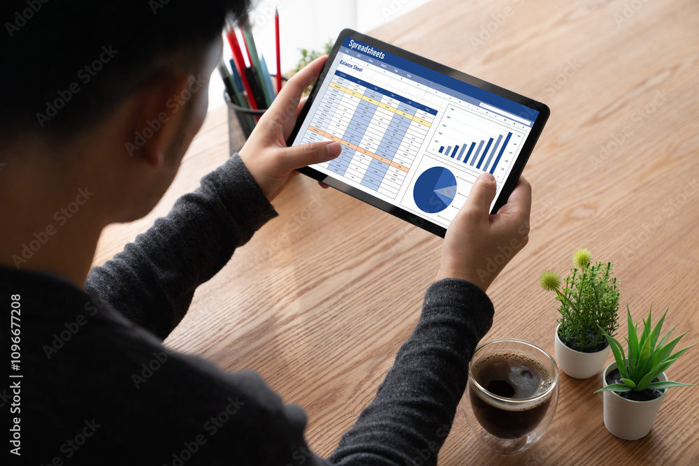 Poster spreadsheet document information financial startup concept. data and graphs in spreadsheet documents