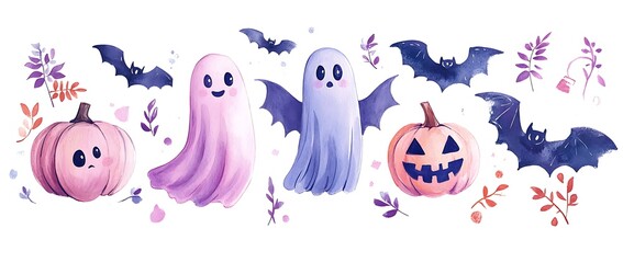 Hand-Drawn Cute Pink and Purple Ghosts, Pumpkins, and Bats for Halloween in Watercolor Style
