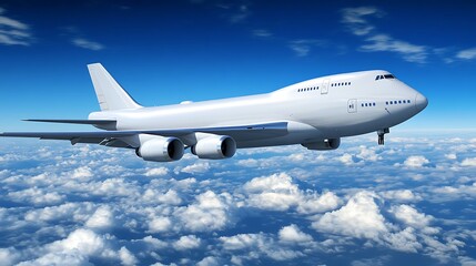 Obraz premium A large airplane flying above the clouds in a clear blue sky.