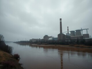 Industrial power plant with a grey and overcast atmosphere under a brown river, pollution, power plant, urban scenery