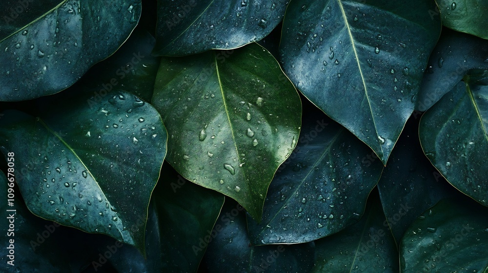 Poster closeup macro shot of a dew covered leaf in a lush natural environment showcasing the intricate text