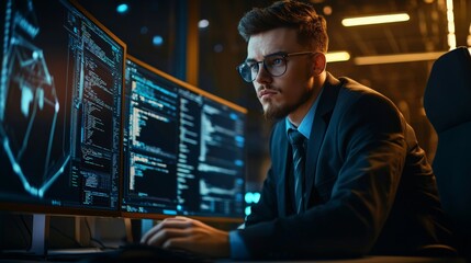 Cybersecurity expert analyzing threats, focused and content in a modern workspace