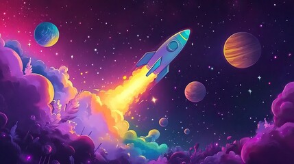 Naklejka premium Colorful cartoon rockets exploring the vibrant cosmos. Space Background for Wallpaper. AI generated image