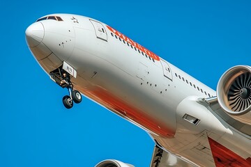 Obraz premium A close-up of an airplane taking off against a clear blue sky.
