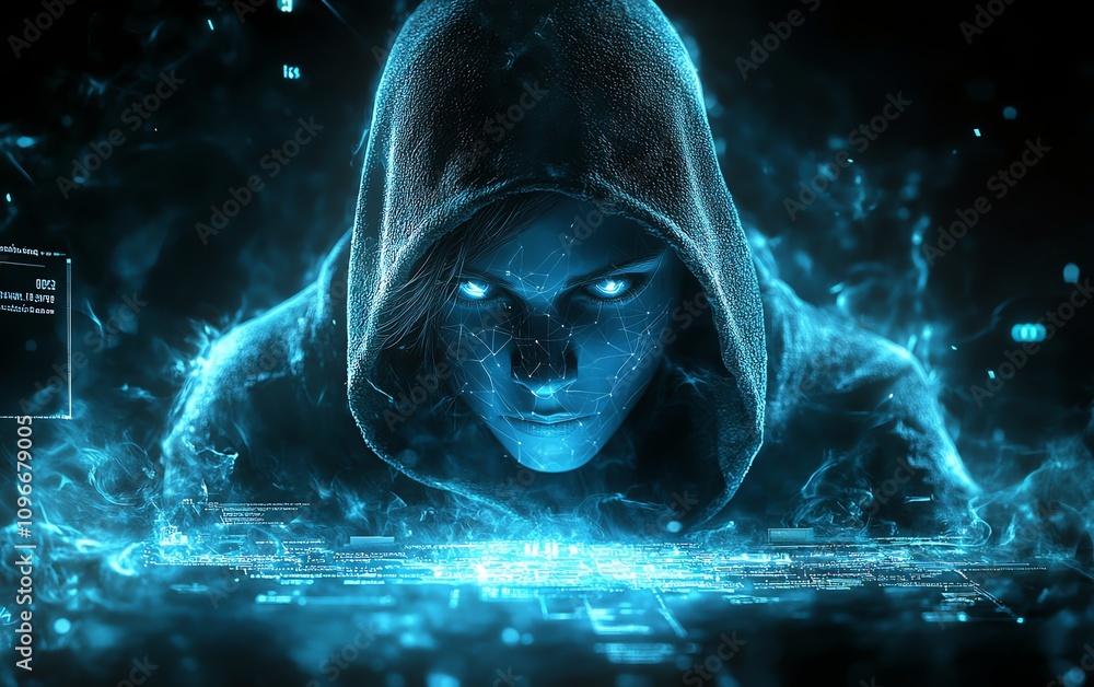 Poster anonymous hacker in a hoodie, immersed in front of a glowing computer, surrounded by cybersecurity w