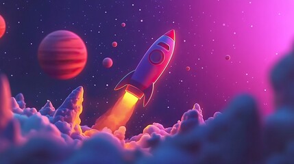 Colorful cartoon rockets exploring the vibrant cosmos. Space Background for Wallpaper. AI generated image