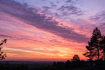 Fototapeta premium Breathtaking gradient of orange to pink to purple hues fills sky as sunset slowly sets, sunset, sky, colors, purple
