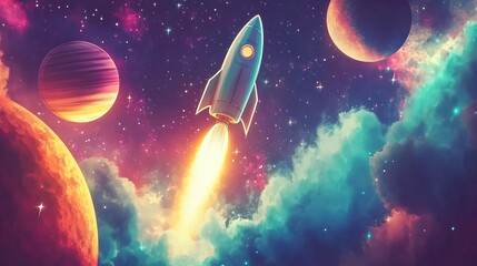 Colorful cartoon rockets exploring the vibrant cosmos. Space Background for Wallpaper. AI generated image
