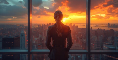 Fototapeta premium Confident businesswoman in leather suit gazing out window at downtown skyscrapers sunset professional leader in modern office reflecting on career success