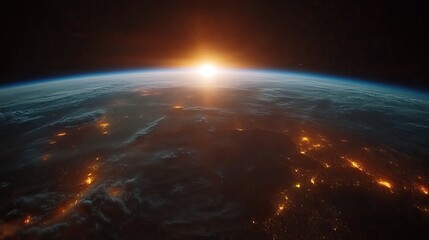 Obraz premium Abstract cosmic views of Earth and space at sunrise. Background for Wallpaper. AI generated image
