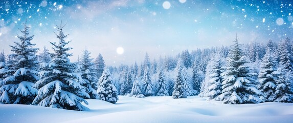 Beautiful landscape with snow covered fir trees and house with snowdrifts. Merry Christmas and happy New Year greeting background with copy-space. Winter fairytale.