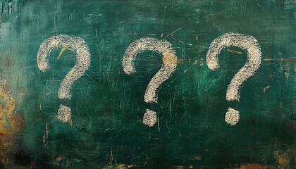 Chalkboard with three large question marks drawn in white chalk on a green background, simple and bold design