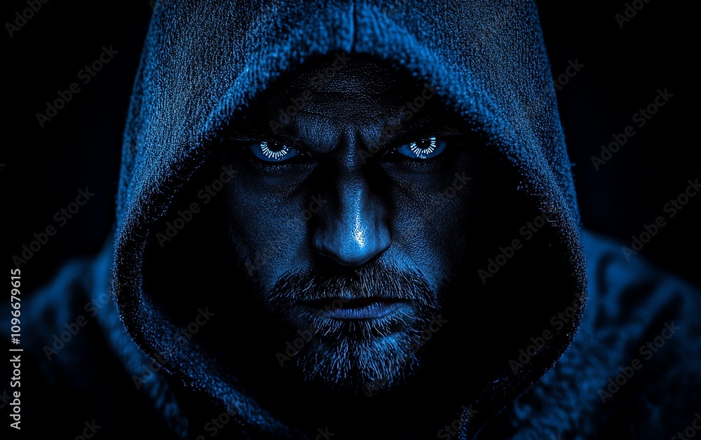 Poster cyber hacker in a dark hoodie, staring at a screen filled with security warnings, encryption data, a